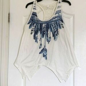 Racer back white tank top with blue feathers